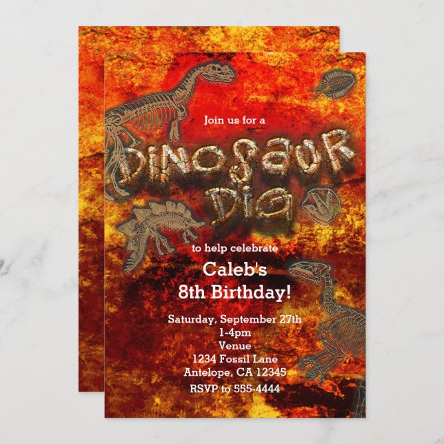 Dinosaur Dig Red Rock Fossils Birthday Invitations (Front/Back)