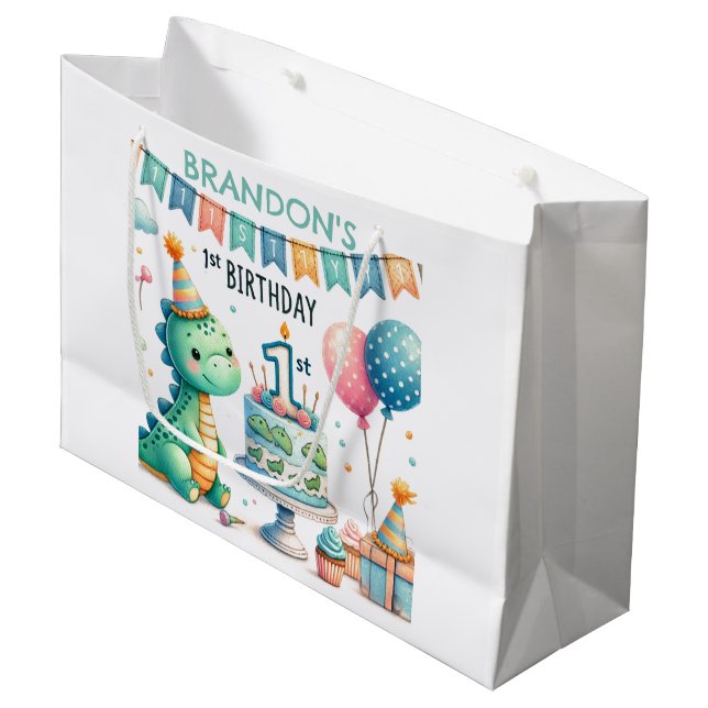 Dinosaur Dino 1st Birthday Party  Large Gift Bag (Front Angled)