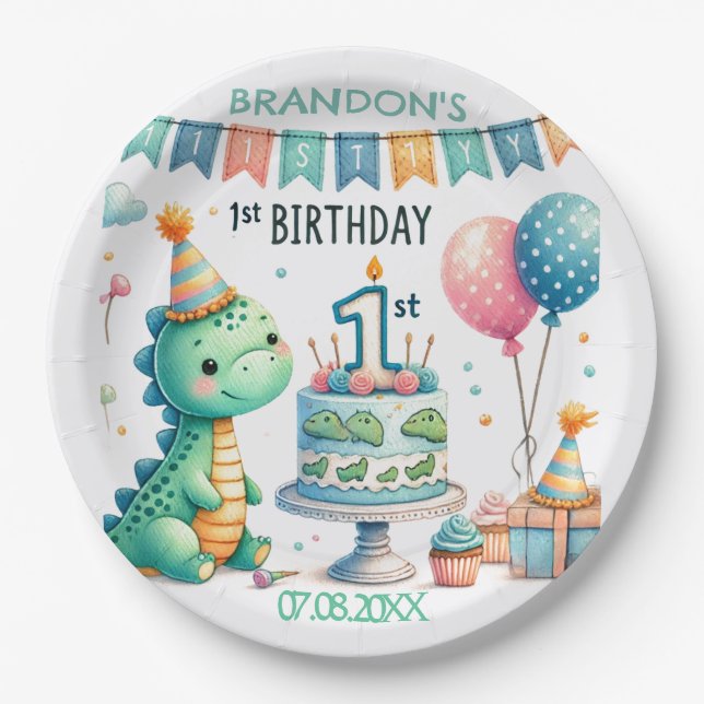 Dinosaur Dino 1st Birthday Party  Paper Plate (Front)