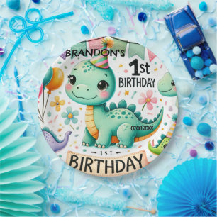 Dinosaur Dino 1st Birthday Party Paper Plate