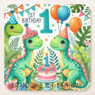 Dinosaur Dino 1st Birthday Party  Square Paper Coaster