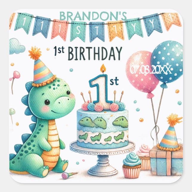 Dinosaur Dino 1st Birthday Party  Square Sticker (Front)