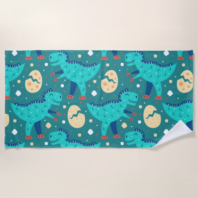 Dinosaur Dino Eggs T-Rex Pattern Beach Towel (Front)