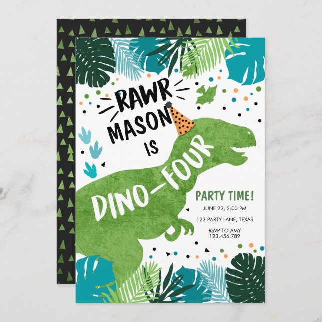 Dinosaur Dino-Four RAWR 4th Fourth Birthday Invita Invitation (Front/Back)
