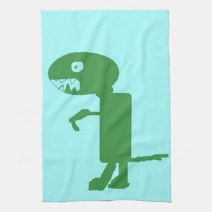Dinosaur Dino, Green Blue Digital Kids Art Tea Towel
