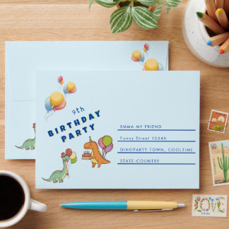 Dinosaur dino party kids birthday blue funny envelope