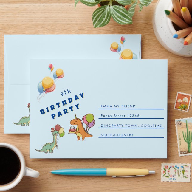 Dinosaur dino party kids birthday blue funny envelope (Desk)