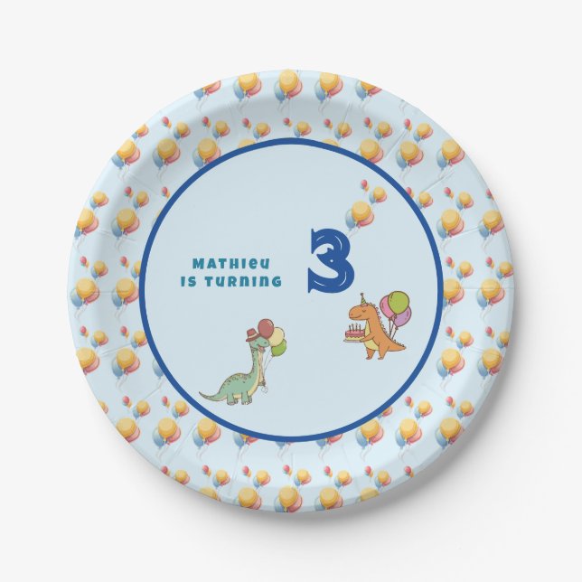 Dinosaur dino party kids birthday blue funny paper plate (Front)