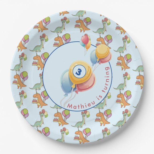 Dinosaur dino party kids birthday blue funny paper plate (Front)
