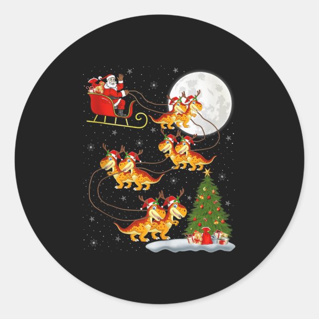 Dinosaur Dino Santa Sleigh Flying Funny Magical Ch Classic Round Sticker (Front)