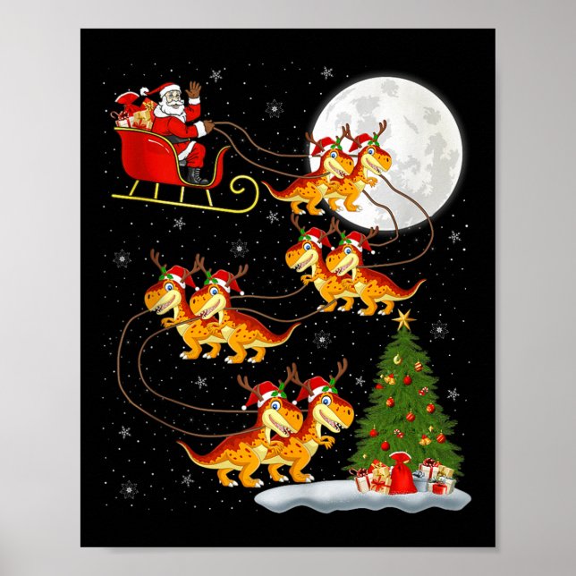 Dinosaur Dino Santa Sleigh Flying Funny Magical Ch Poster (Front)