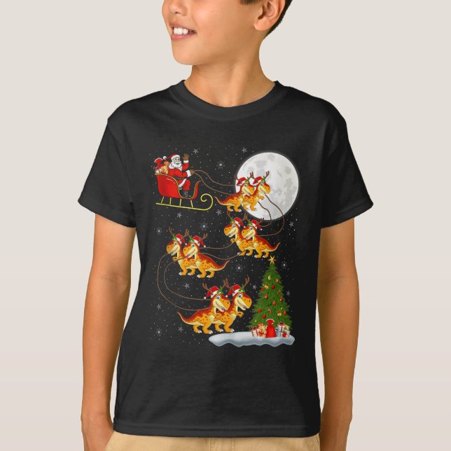 Dinosaur Dino Santa Sleigh Flying Funny Magical Ch T-Shirt (Front)