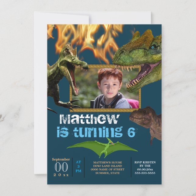 Dinosaur DIY photo boys theme party flames blue Invitation (Front)