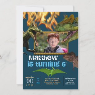 Dinosaur DIY photo boys theme party flames blue Invitation