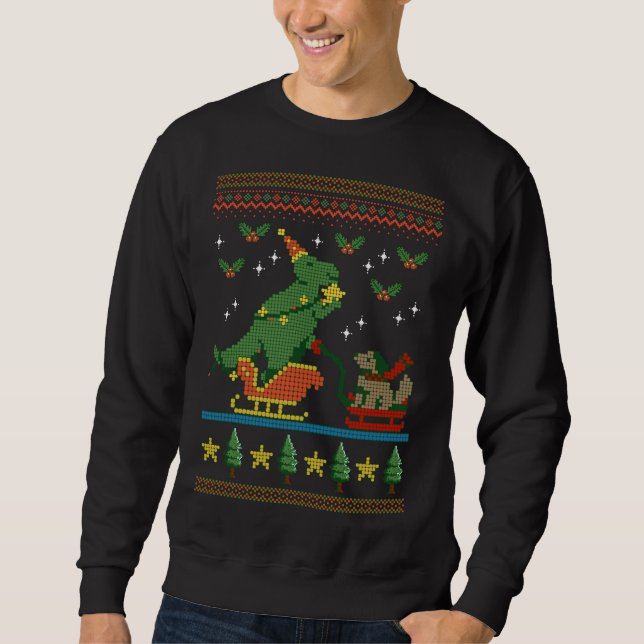 DINOSAUR DOG SLEIGH RIDING UGLY CHRISTMAS TREX SWEATSHIRT (Front)