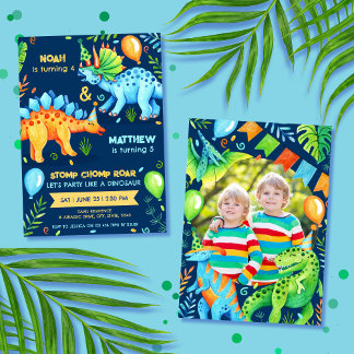 Dinosaur Double Celebration Boys Birthday Photo Invitation
