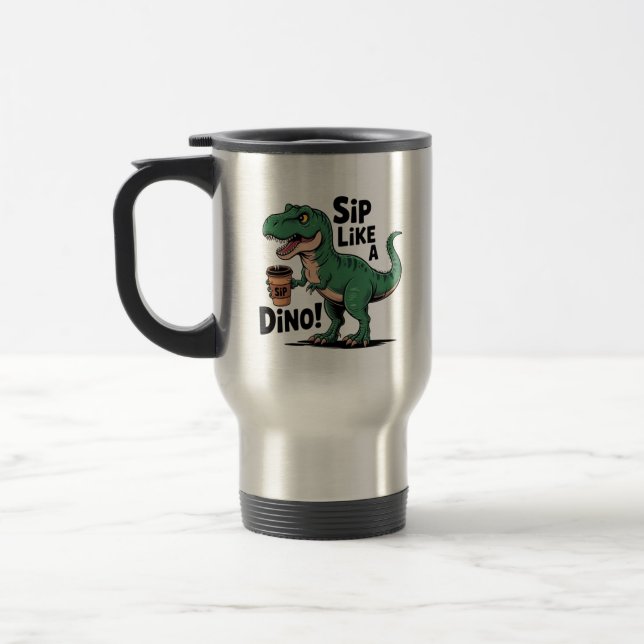 dinosaur drinking coffee  travel mug (Left)