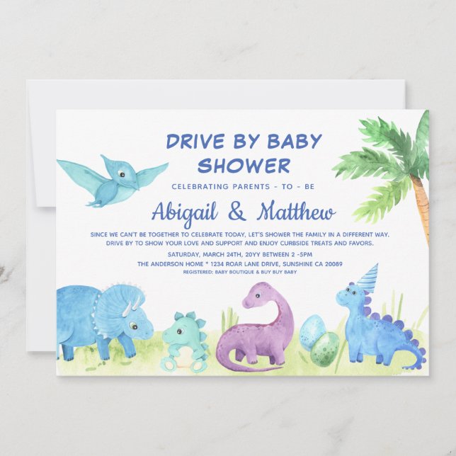 Dinosaur Drive By Baby Shower Cute  Announcement (Front)