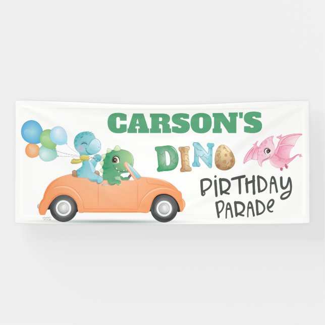 Dinosaur Drive By Birthday Parade Party Banner (Horizontal)