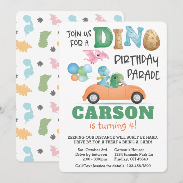 Dinosaur Drive By Birthday Parade Party Invitation (Front/Back)