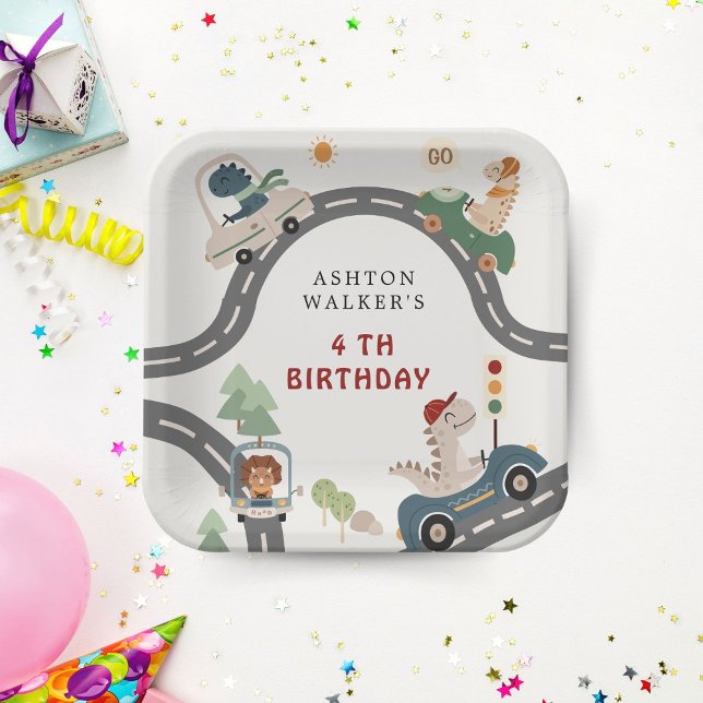 Dinosaur Driver Party Animals Kids Birthday Paper Plate (Creator Uploaded)