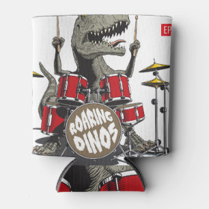 Dinosaur Drums Playing Vintage Illustration Can Cooler