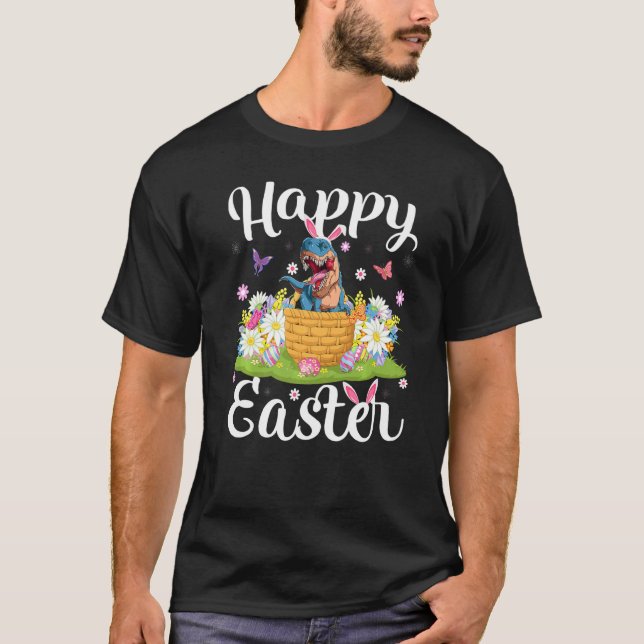 Dinosaur Easter Egg Hunting Floral Dinosaur Easter T-Shirt (Front)