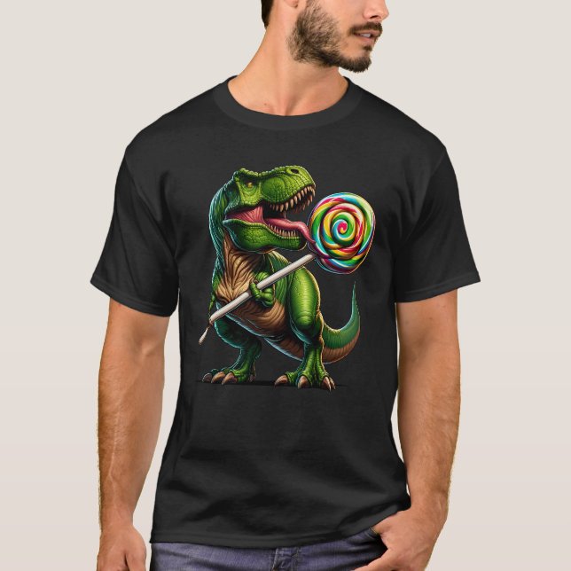 Dinosaur Eating Lollipop Candy Lover For Kids T-Shirt (Front)