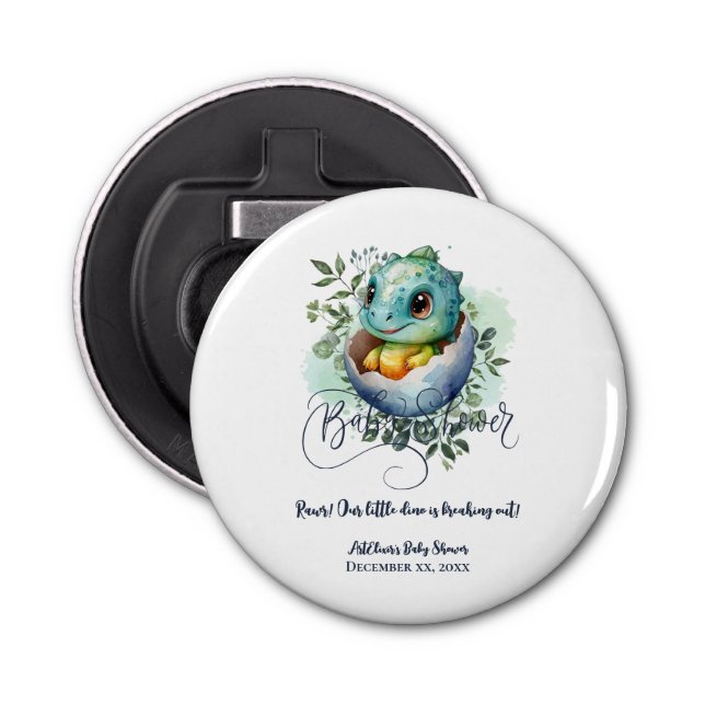 Dinosaur Egg Cute Watercolor Leaves Baby Shower Bottle Opener (Front)