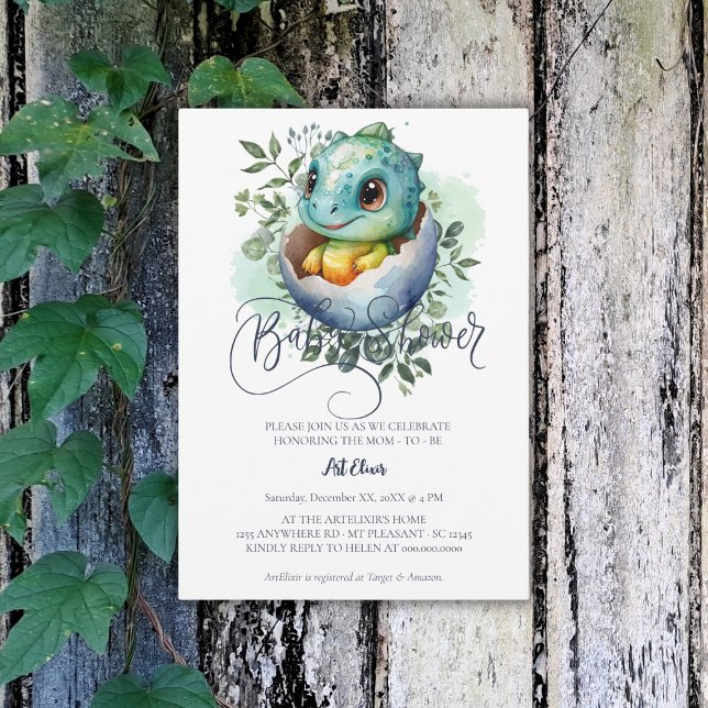 Dinosaur Egg Cute Watercolor Leaves Baby Shower Invitation (Creator Uploaded)