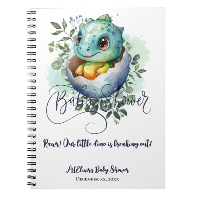 Dinosaur Egg Cute Watercolor Leaves Baby Shower Notebook (Front)