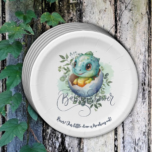 Dinosaur Egg Cute Watercolor Leaves Baby Shower Paper Plate