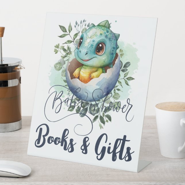 Dinosaur Egg Cute Watercolor Leaves Baby Shower Pedestal Sign (In SItu)