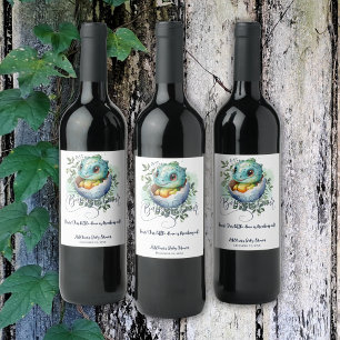 Dinosaur Egg Cute Watercolor Leaves Baby Shower Wine Label