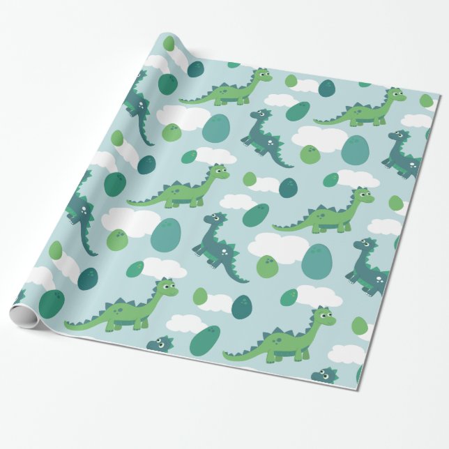 Dinosaur eggs wrapping paper baby blue/green/mint (Unrolled)