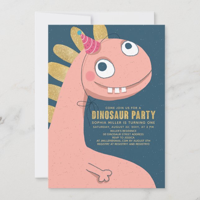 Dinosaur Faux Gold Pink Fun Cute Girl Kids Invitation (Front)
