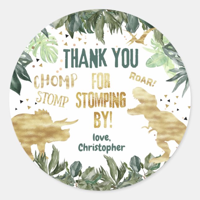 Dinosaur Favour Thank You Stomping By  Classic Round Sticker (Front)