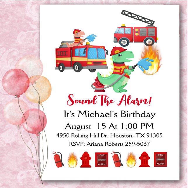 Dinosaur  Fire Fighter Boy Birthday Party  Invitation (Creator Uploaded)