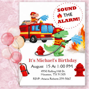 Dinosaur Firefighter Truck Birthday Party  Invitation