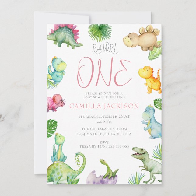  Dinosaur First Birthday Baby girl Invitation (Front)