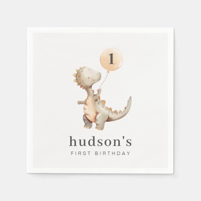 Dinosaur First Birthday Balloon Napkin (Front)
