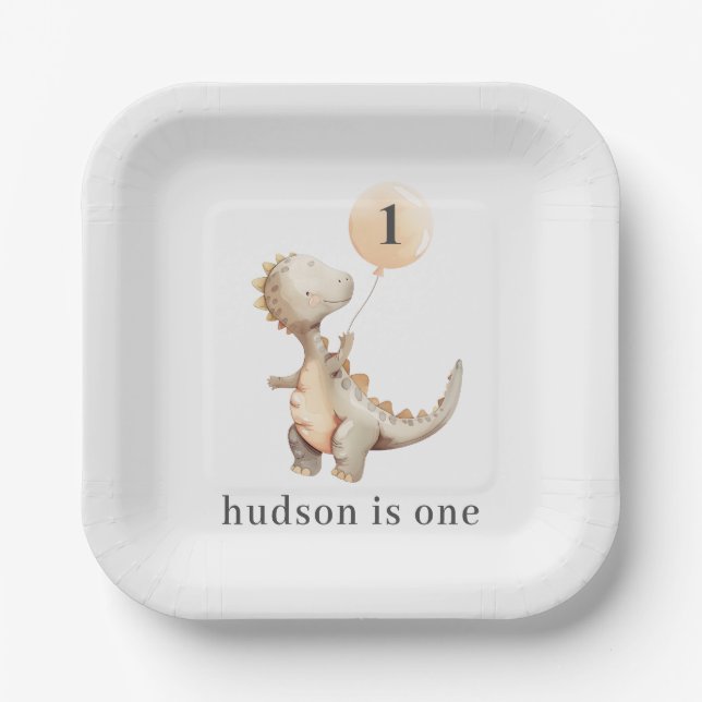 Dinosaur First Birthday Balloon Paper Plate (Front)