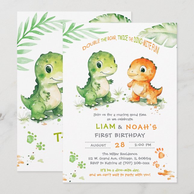 Dinosaur First Birthday Invite For Twin Boys (Front/Back)