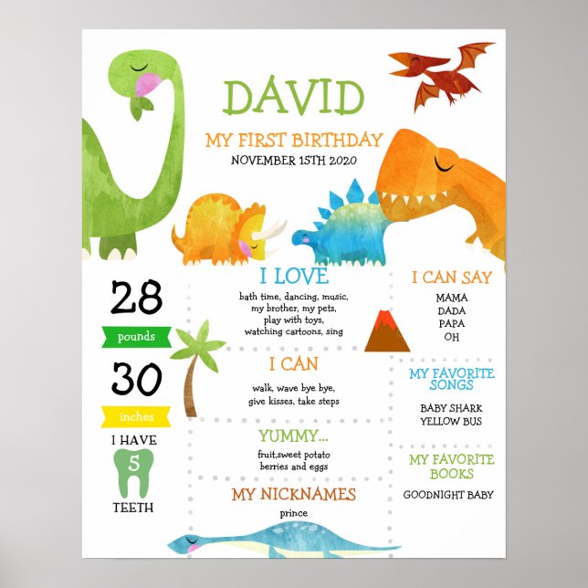 Dinosaur First Birthday Milestone Poster (Front)