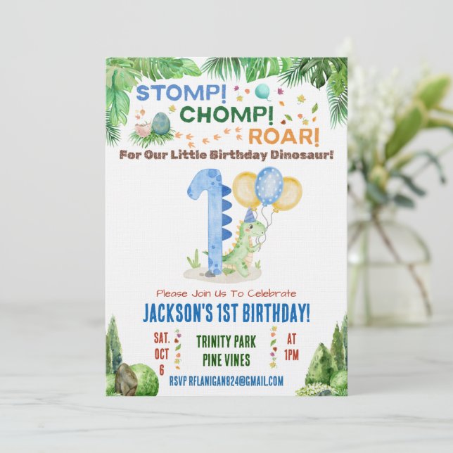 Dinosaur First Birthday Party Invitation (Standing Front)