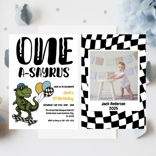 Dinosaur First Birthday, Skateboard Dinos 1 st  Invitation (Creator Uploaded)