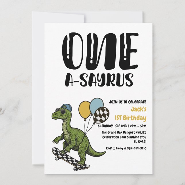 Dinosaur First Birthday, Skateboard Dinos 1 st  Invitation (Front)