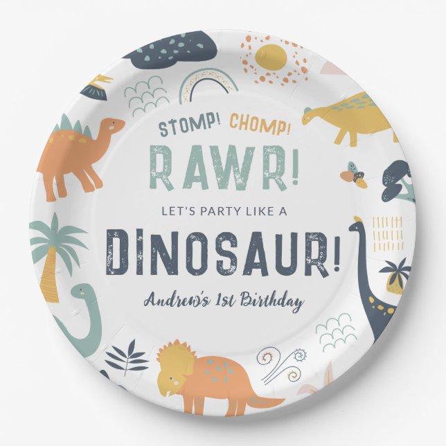 Dinosaur First Birthday Stomp Chomp Roar Paper Plate (Front)