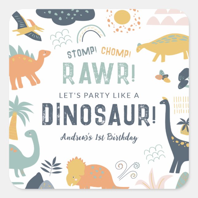Dinosaur First Birthday Stomp Chomp Roar Square Sticker (Front)