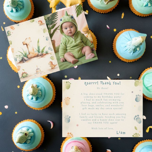 Dinosaur First Birthday Thank You Card with Photo (Creator Uploaded)